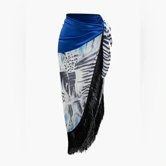 Printed Lantern Sleeve Twist Hem Shirt And Asymmetric Fringe Skirt Set NWT | L - Picture 4 of 10